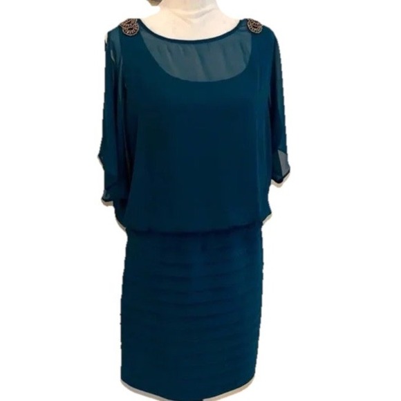R & M‎ Richards Dress 14 Sheer Top Stretch Cruise Wedding Party Cocktails - Picture 1 of 6